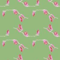 Seamless pattern Magnolias on green background. Beautiful texture with pink flowers. vector