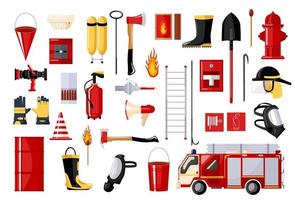 Set of fireman on white background. fire fighting vehicle and hydrant, helmet, hose, extinguisher, ladder, gas mask. Flat style . vector