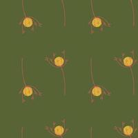 Yellow and pink abstract yarrow flower ornament seamless pattern. Green olive background. SImple style. vector