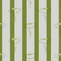 Seamless naive pattern with doodle outline daisy flowers ornament. Green and grey striped background. vector