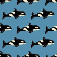 Seamless pattern Orca on blue background. Template of cartoon character of ocean for children. vector