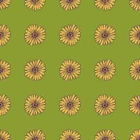 Blossom seamless pattern with contoured sunflower yellow shapes. Green background. Floral ornament. vector