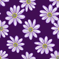 patrón floral simple sin costuras con formas de flores de margarita contorneadas. fondo morado telón de fondo natural. vector