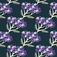 Cartoon purple yarrow seamless pattern in hand drawn style on dark navy blue background. vector