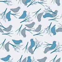 Seamless botanic and animal flying pattern with random blue birds and branches ornament. vector