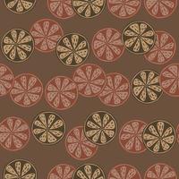 Vitamin seamless pattern with abstract vintage citrus slices shapes. Brown background. Flat fruit backdrop. vector
