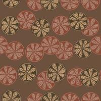 Vitamin seamless pattern with abstract vintage citrus slices shapes. Brown background. Flat fruit backdrop. vector