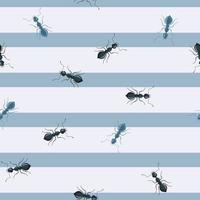 Seamless pattern colony ants on striped blue background. Vector insects template in flat style for any purpose. Modern animals texture.