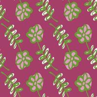 Green contoured flowers seamless doodle pattern. Pink bright background. Flat artwork. vector