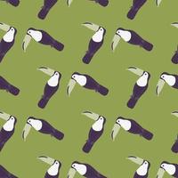 Abstract seamless pattern with purple colored zoo toucan silhouettes. Pastel green background. Doodle print. vector