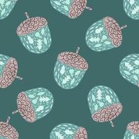 Autumn seamless oak pattern with chestnut shapes. Turquoise background in pastel tones. vector