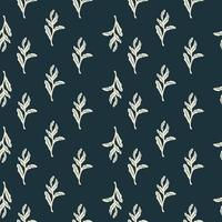 Little white doodle foliage print seamless pattern. Botanic flora backdrop with dark navy blue background. vector