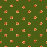 Seamless pattern in abstract style with little orange florwer buds silhouettes on green olive background. vector