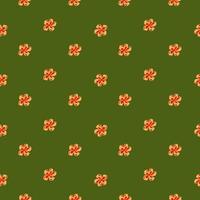 Seamless pattern in abstract style with little orange florwer buds silhouettes on green olive background. vector