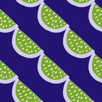 Green diagonal lemon slices elements seamless doodle pattern. Navy blue bright background. Doodle print. vector