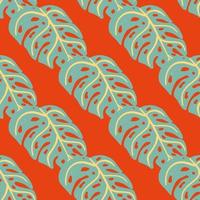 Abstract nature botanic seamless pattern with blue colored monstera ornament. Bright red background. vector