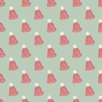 December seamless accessory pattern with pink warm hat ornament. Pastel background. vector