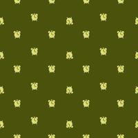 Vintage seamless pattern with little doodle alarm clock ornament. Green olive background. Scrapbook print. vector