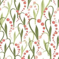 Isolated seamless pattern with pink abstract lily of the valley shapes. Pink flowers random print. White background. vector