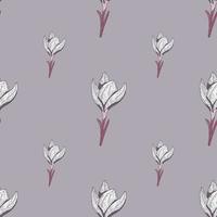 Minimalistic pastel pale tones seamless floral pattern with simple crocus flower shapes. Grey background. vector