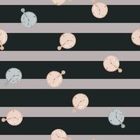 Random abstract seamless pattern with stopwatch silhouettes. Striped grey background. Simple style. vector