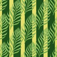 Botany seamless pattern with hand drawn green fern foliage shapes print. Striped green olive background. vector