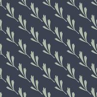 Diagonal grey striped seamless pattern with floral leaves branches print. Navy blue background. vector