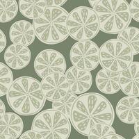 Pale seamless pattern with grey random lemon slices shapes. Pale green background. Doodle food print. vector