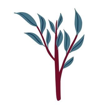 Twig with foliage isolated on white background. Abstract botanical stick green color. Sketch in style doodle vector