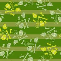 Random blue and yellow skull and bones ornament seamless horror pattern. Green striped background. vector