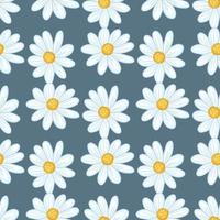 Vintage summer seamless pattern with cute daisy flowers ornament. Navy blue pale background. Bloom backdrop. vector