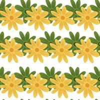 Isolated nature seamless pattern with bright yellow and green daisy flowers ornament. White background. vector