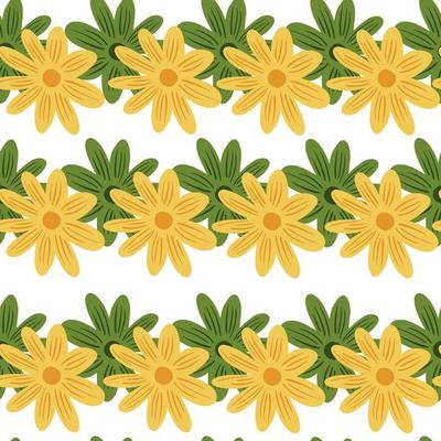 Isolated nature seamless pattern with bright yellow and green daisy flowers ornament. White background.
