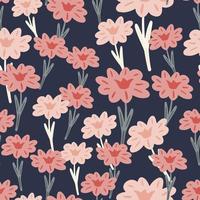 Seamless pattern with hand drawing wild flowers on dark gray background. Vector floral template in doodle style. Gentle summer botanical texture.