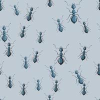 Seamless pattern colony ants on blue background. Vector insects template in flat style for any purpose. Modern animals texture.