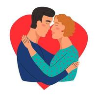A couple kissing. Heart in the background. Flat vector illustration. Valentine's Day greeting card.
