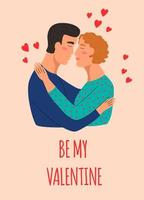 A Valentine's day card. A couple in love hugs. Flat vector illustration