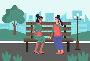 Two young women are sitting and talking on a bench in the park. Flat vector illustration