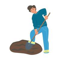 Gardening on the farm. A young man works in the garden, a farmer digs the land. Flat cartoon vector illustration.