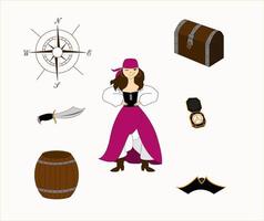 Set of pirate accessories. The pirate girl dressed in a bright skirt and bandana. Wooden chest-barrel-dagger-tricorn hat-compass-compass rose wheel isolated color pack. Vector illusration.