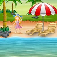 Beautiful woman in blue hat having fun on the beach vector