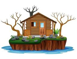 Wooden home with dry tree on island vector