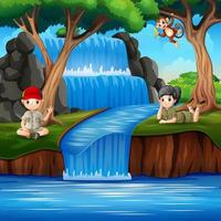 The scouts enjoying on waterfall vector