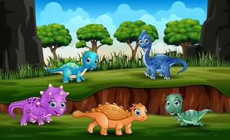 A different dinosaurs playing in the park vector