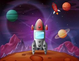 A spaceship landed on moon surface and planets background vector