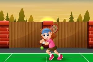 Beautiful girl playing tennis at the court vector
