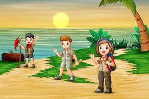 Group of scout on the beach background vector