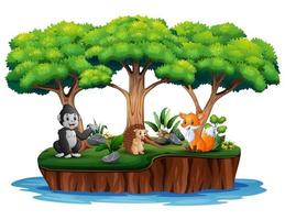 Cartoon tropical island with many animals vector