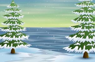 Winter landscape with frozen lake and fir trees vector