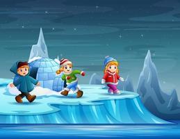 Happy children playing outside the igloo vector